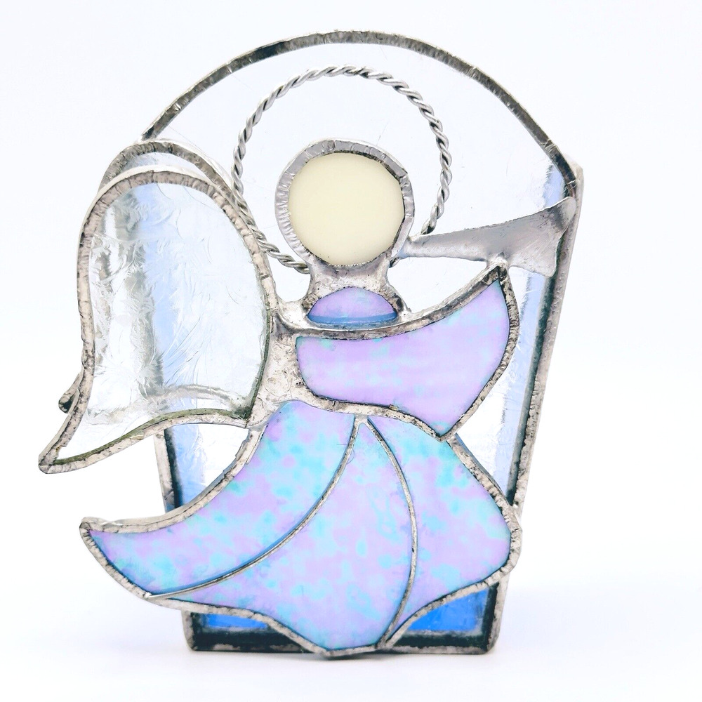 Vintage Stained Glass Angel Candle Holder Tea Light Votive Blue Iridescent Xmas